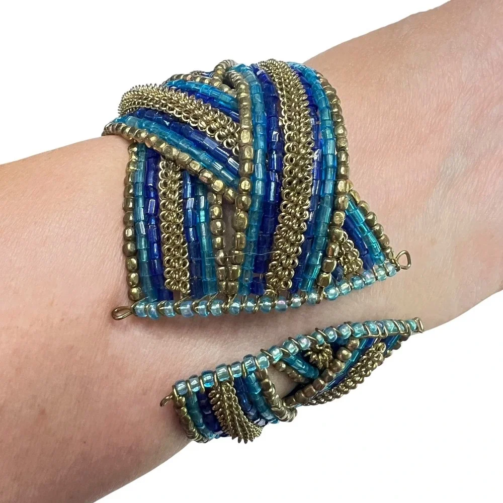 Beaded Cuff Bracelet Blue Gold Tone Statement‎ Bohemian Fashion Jewelry